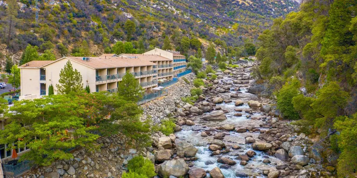 View of Yosemite View Lodge from a drone, showing the merced river